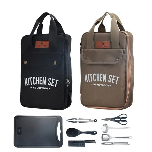 8 pièces, Kit de cuisine d'extérieur de camping en acier inoxydable avec Sac de rangement.                                        - Set 8pcs Camping Outdoor Cookware Kit Stainless Steel And Utensil Organizer Storage Bag.