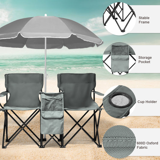 Chaise de camping grise, double, 150 x 50 x 79 cm, support en fer, tissu Oxford, 85 kg avec parasol. 
- 59x19.6x31in, Grey, double camping Chair, Iron Stand, Oxford Cloth 85kg With Parasol