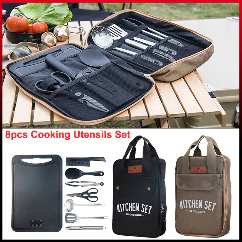 8 pièces, Kit de cuisine d'extérieur de camping en acier inoxydable avec Sac de rangement.                                        - Set 8pcs Camping Outdoor Cookware Kit Stainless Steel And Utensil Organizer Storage Bag.