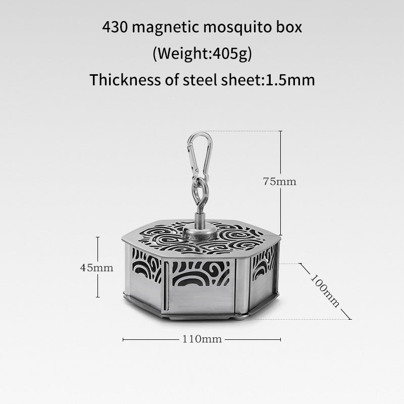 Boîte à spirale anti-moustique magnétique pour camping ou pour toutes autres activités. Fait en acier inoxydable. 

- Magnetic mosquito coil box for camping or any other activities. Made of stainless steel.